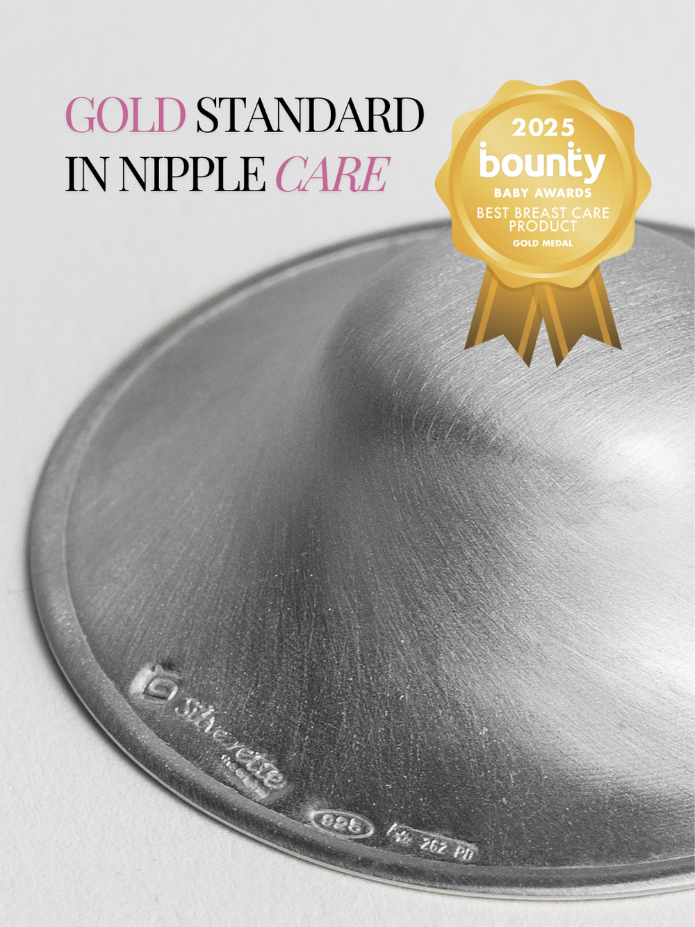 Silverette® Nursing Cups made of silver, designed to soothe and protect nursing mother's nipples, shown in the image.