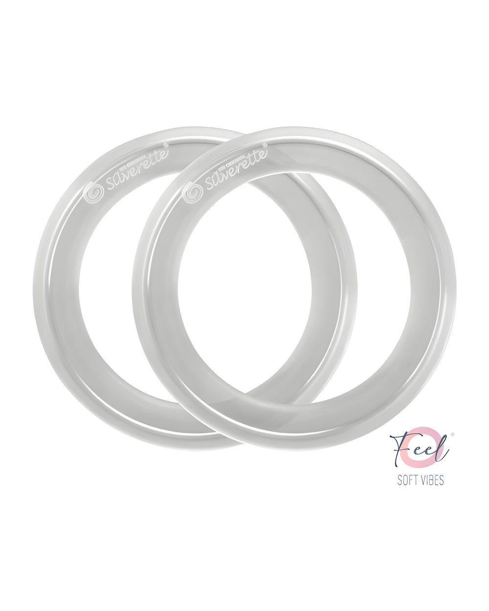 Pair of Silverette O-Feel Soft Vibes clear silicone rings that hold silver nursing cups in place